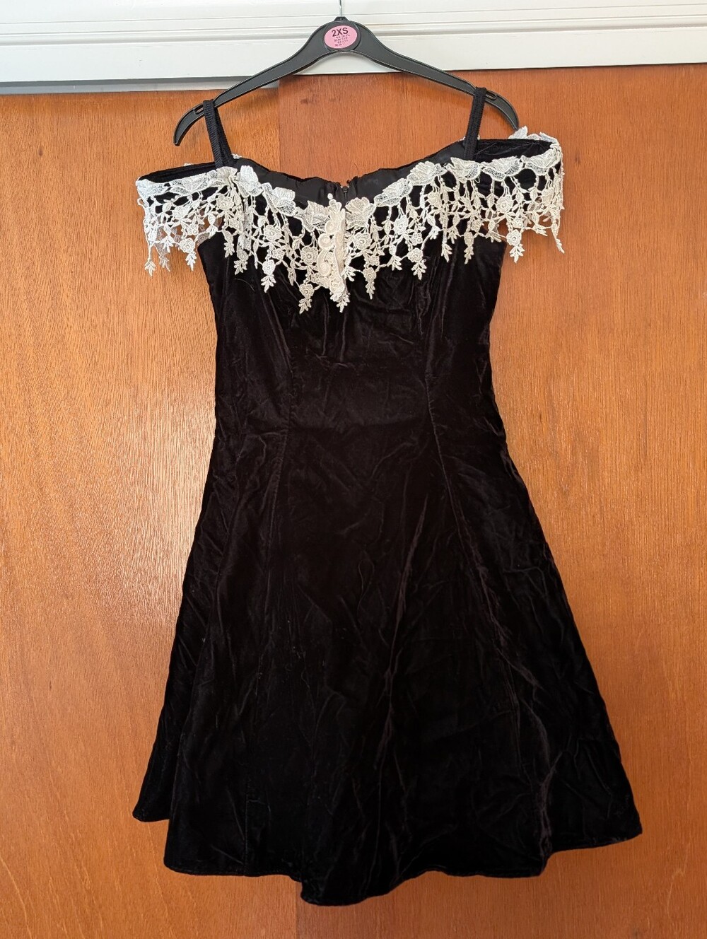 Vintage 80s Jump Black Velvet Off-Shoulder Dress with White Lace